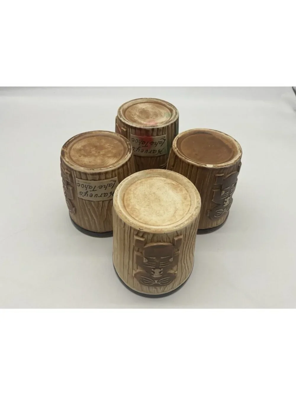 Harveys Lake Tahoe Vintage Tiki Mug Otagiri Brown Bucket Style Set of 4 Barware